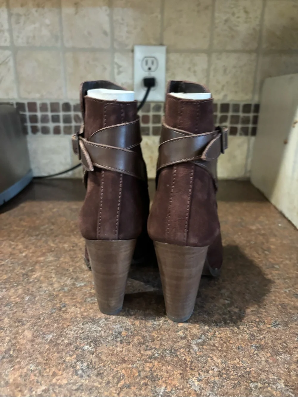 Dune London Dark Brown Suede Ankle Booties with Buckle Strap